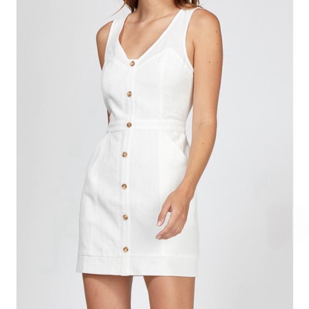 {Greylin} Tank Top V-Neck Front Button Cotton Linen A-Line Shift Mini Dress